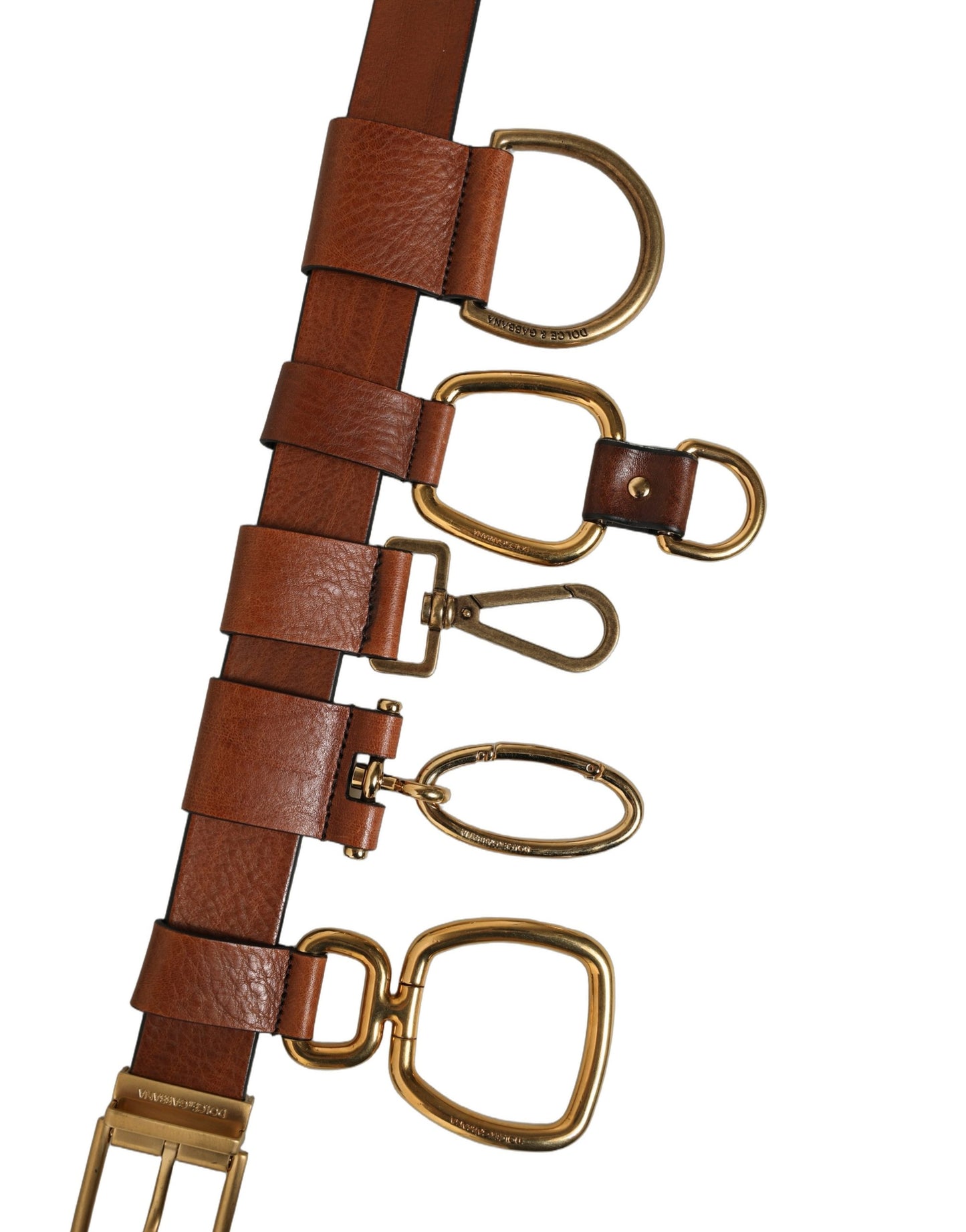 Brown Leather Gold Metal Rings Buckle Belt