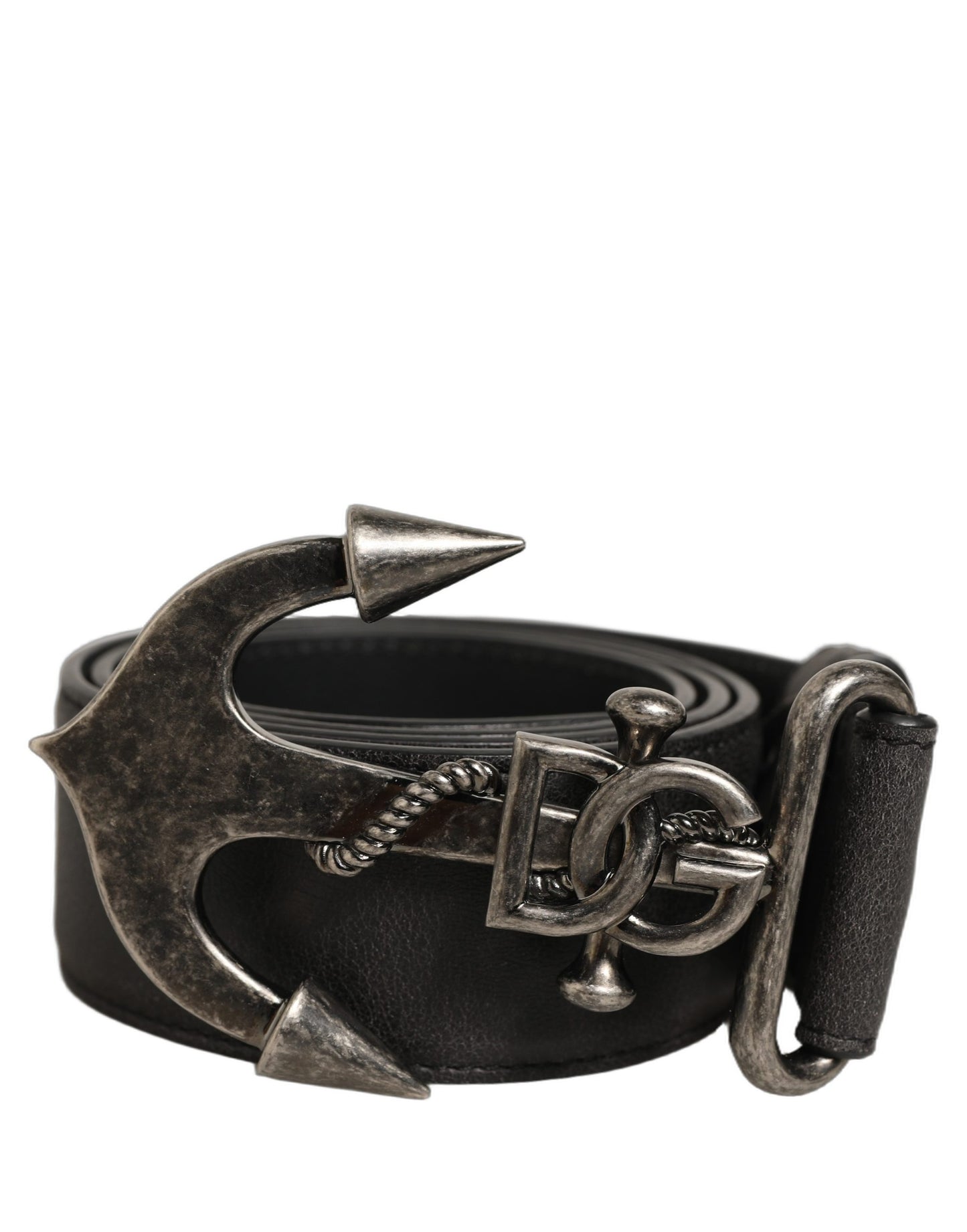 Black Leather Anchor Logo Metal Buckle Belt