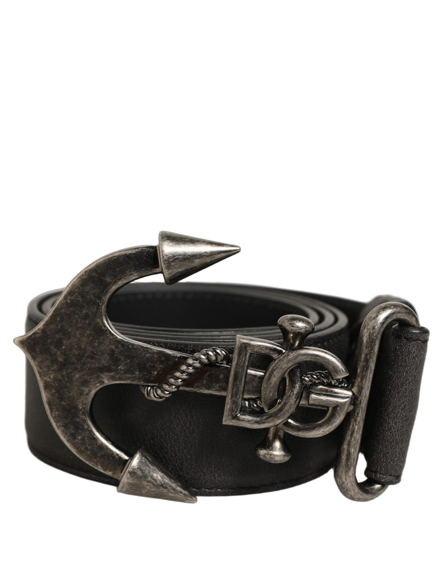 Black Leather Anchor Logo Metal Buckle Belt