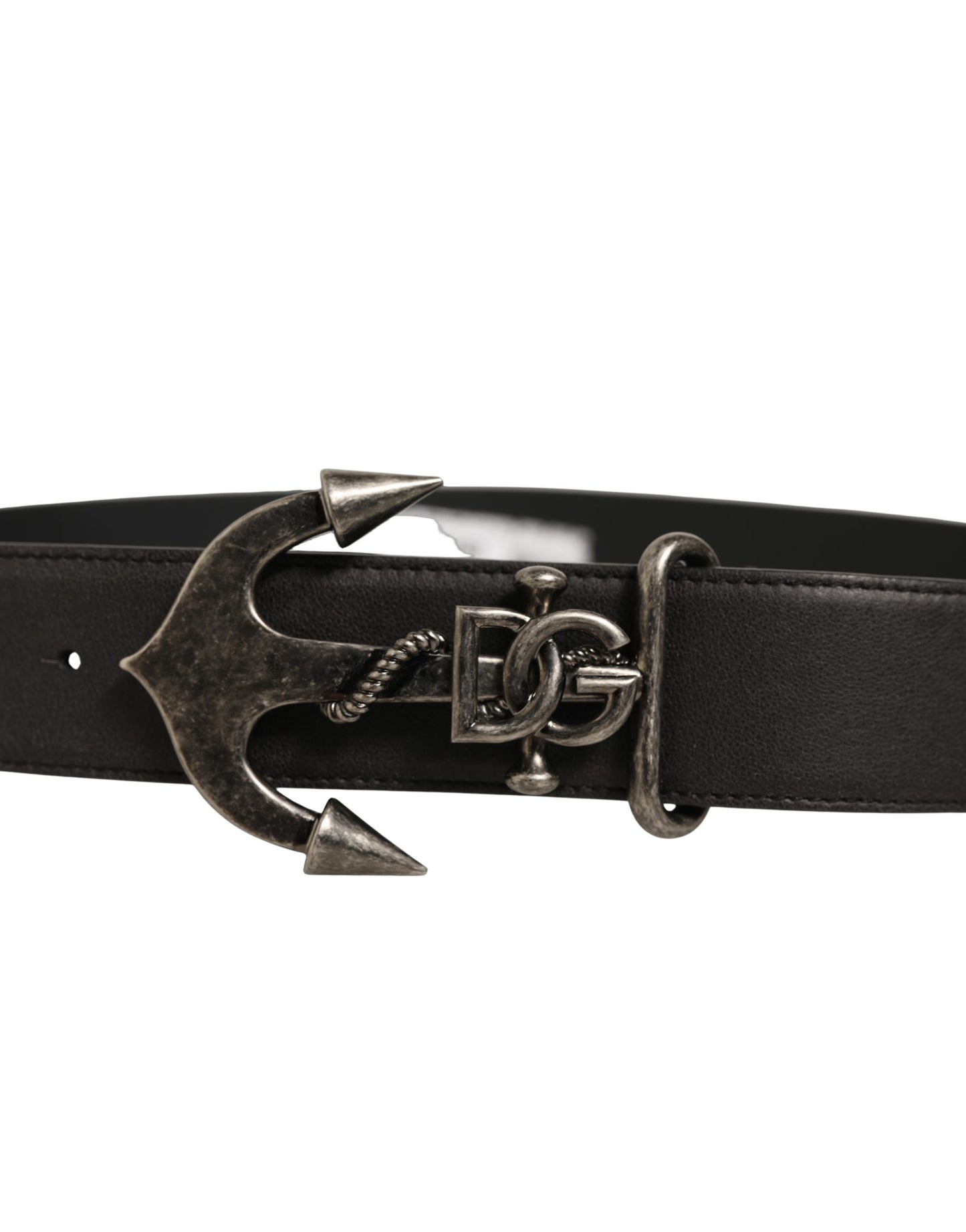 Black Leather Anchor Logo Metal Buckle Belt