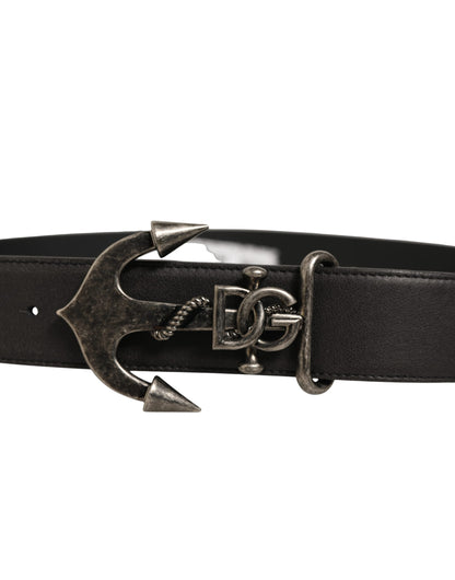 Black Leather Anchor Logo Metal Buckle Belt
