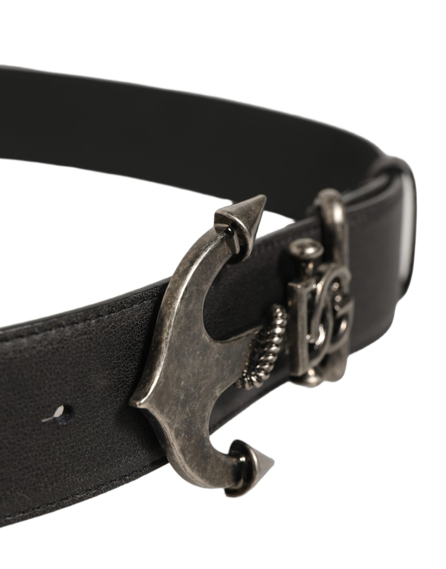 Black Leather Anchor Logo Metal Buckle Belt
