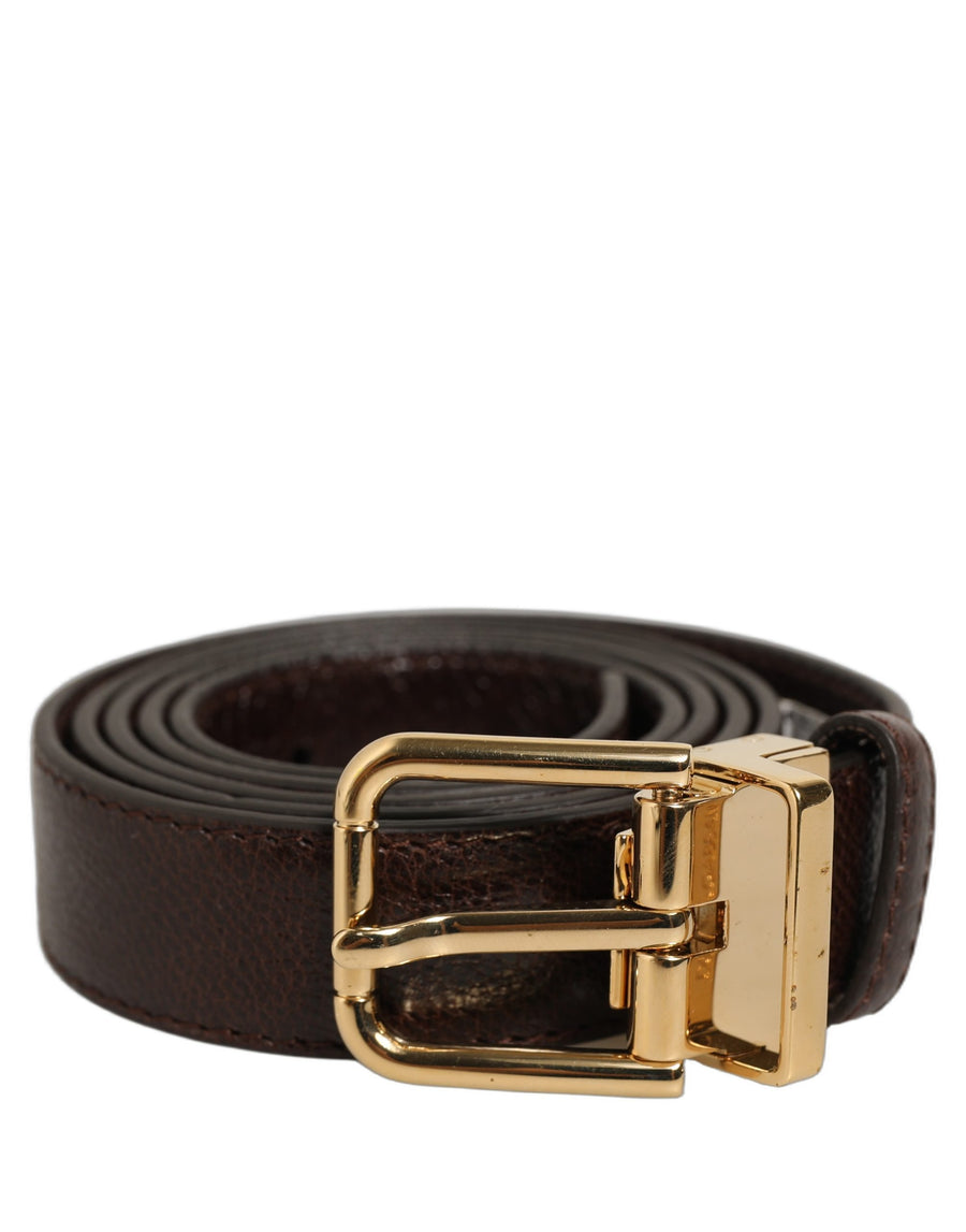 Men Brown Leather Gold Tone Metal Buckle Belt