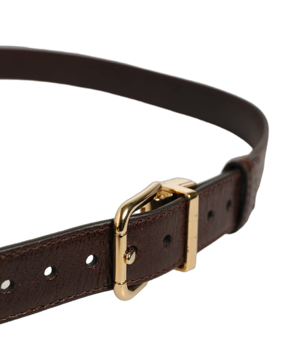 Men Brown Leather Gold Tone Metal Buckle Belt