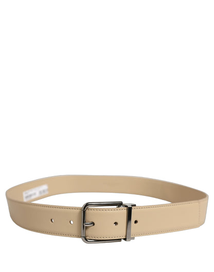 Beige Leather Silver Tone Metal Buckle Belt