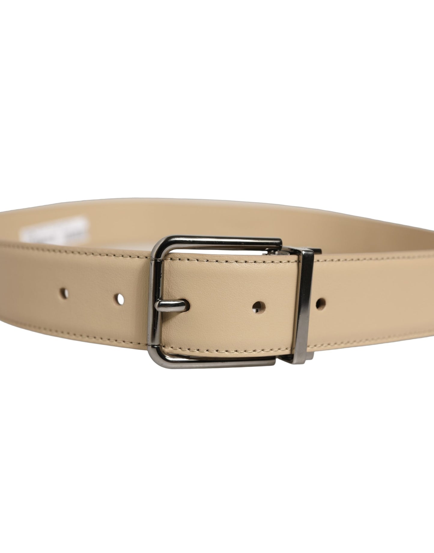 Beige Leather Silver Tone Metal Buckle Belt