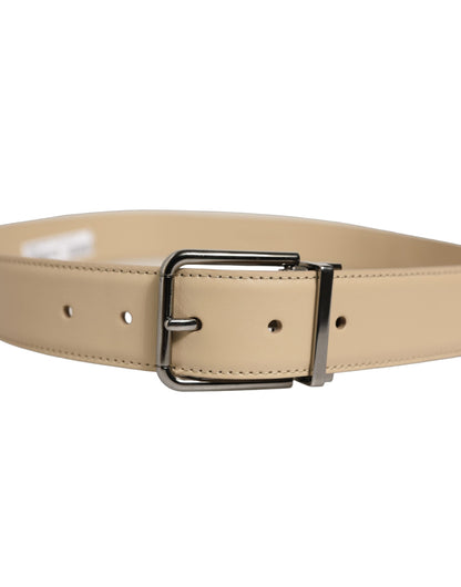 Beige Leather Silver Tone Metal Buckle Belt