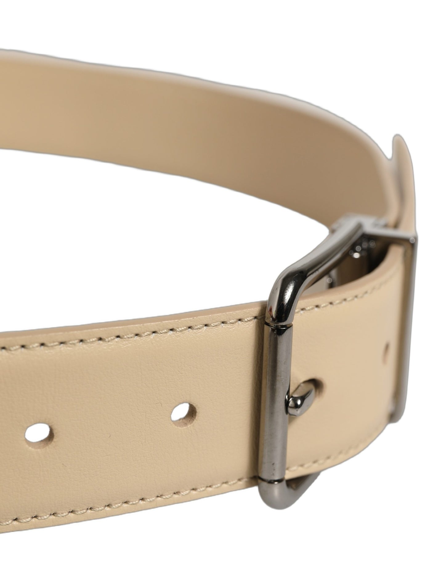 Beige Leather Silver Tone Metal Buckle Belt