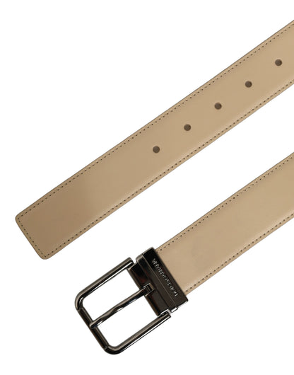Beige Leather Silver Tone Metal Buckle Belt