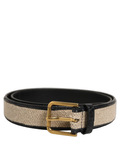 Beige Black Woven Leather Metal Buckle Belt