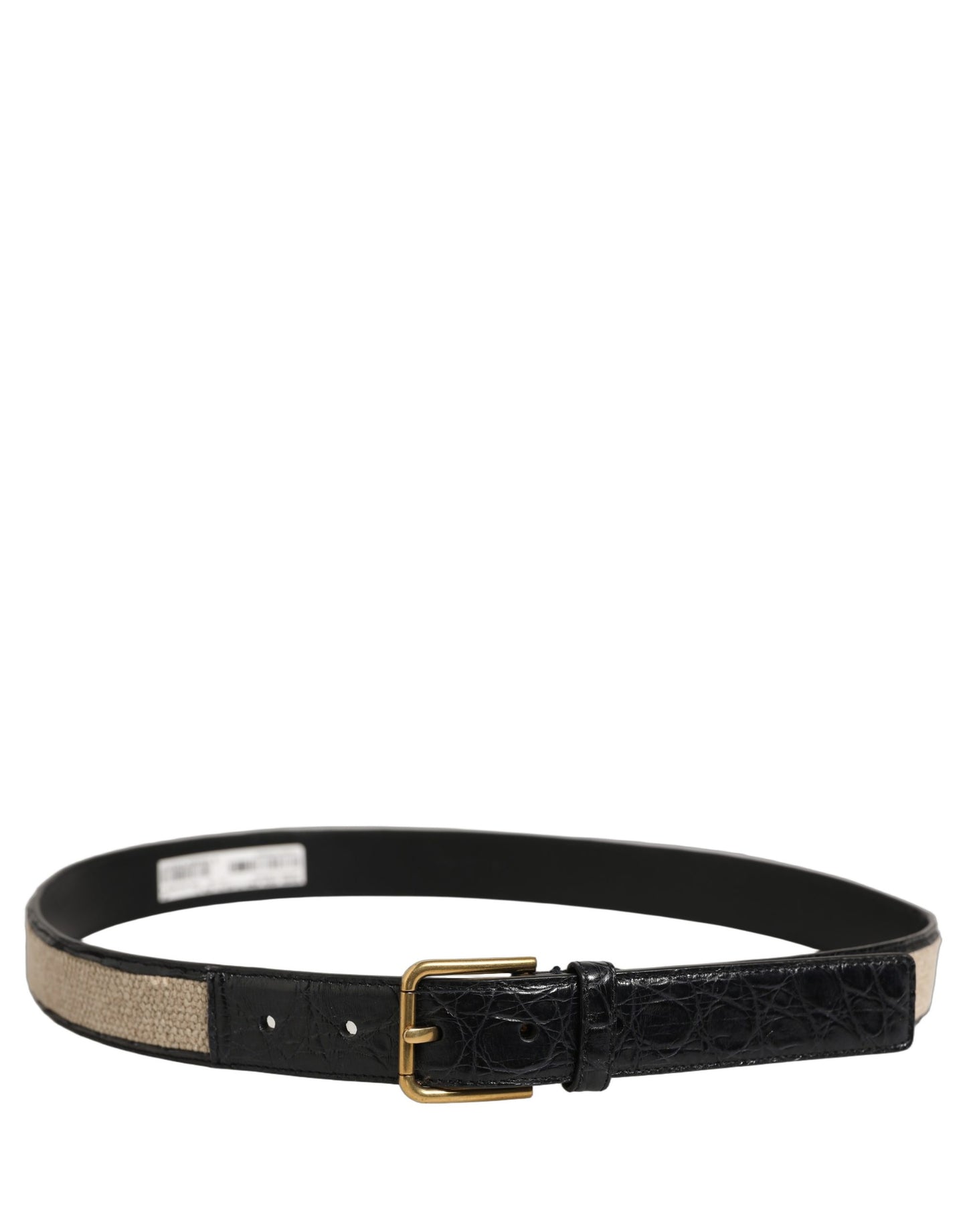 Beige Black Woven Leather Metal Buckle Belt