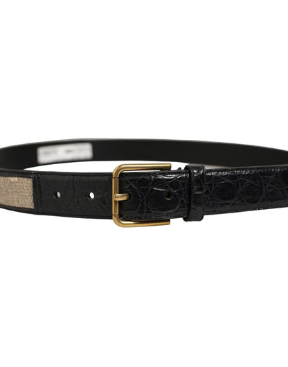 Beige Black Woven Leather Metal Buckle Belt