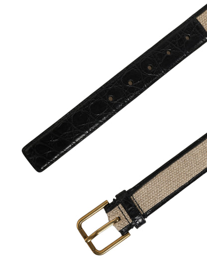 Beige Black Woven Leather Metal Buckle Belt