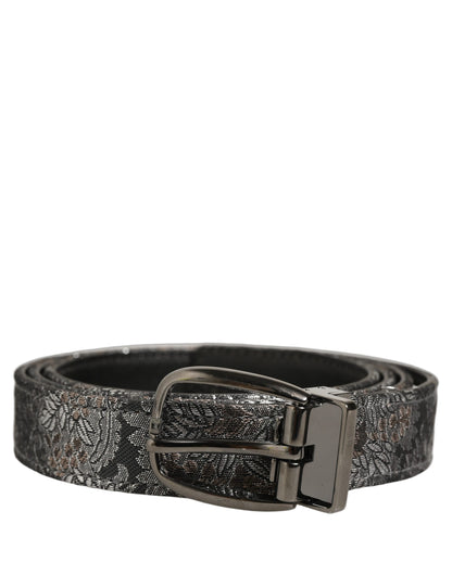Silver Black Floral Jacquard Metal Buckle Belt