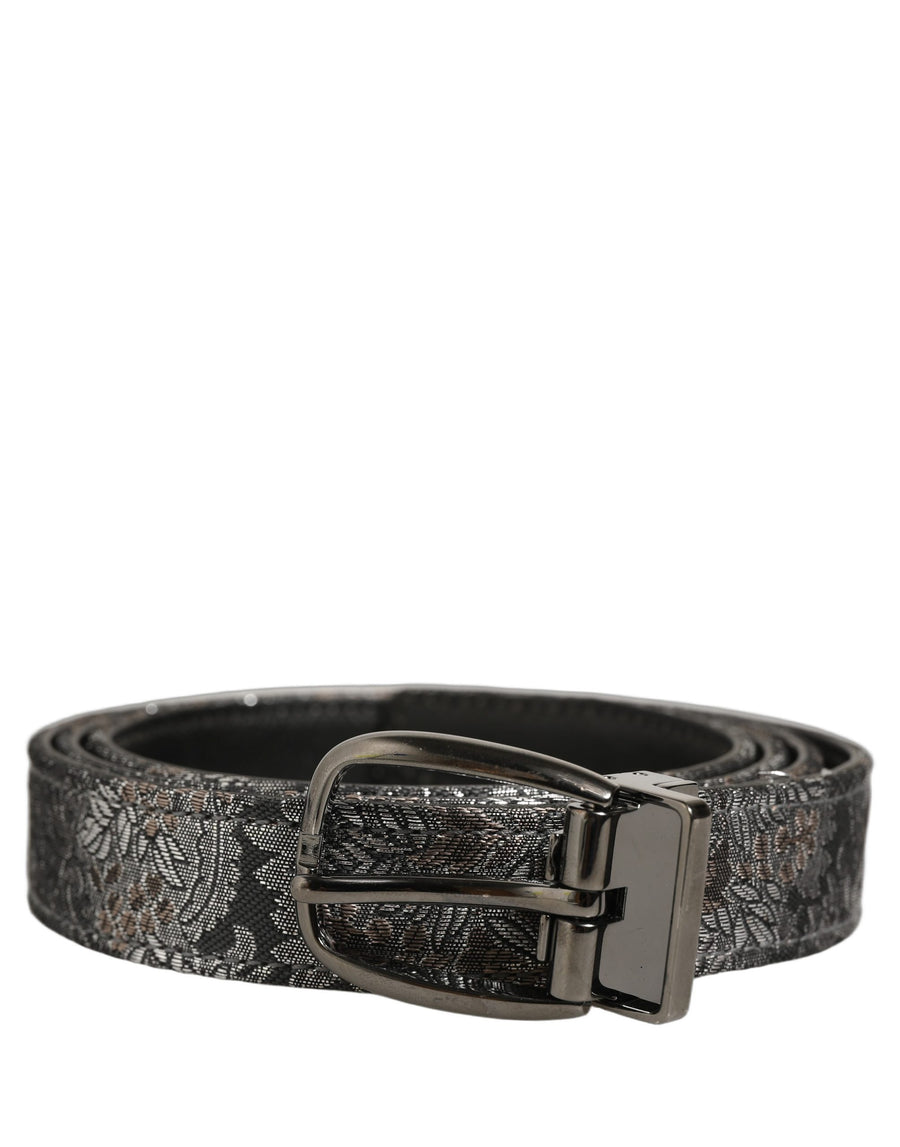 Silver Black Floral Jacquard Metal Buckle Belt