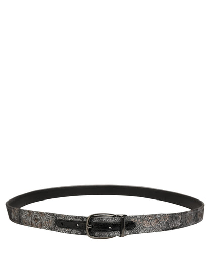 Silver Black Floral Jacquard Metal Buckle Belt