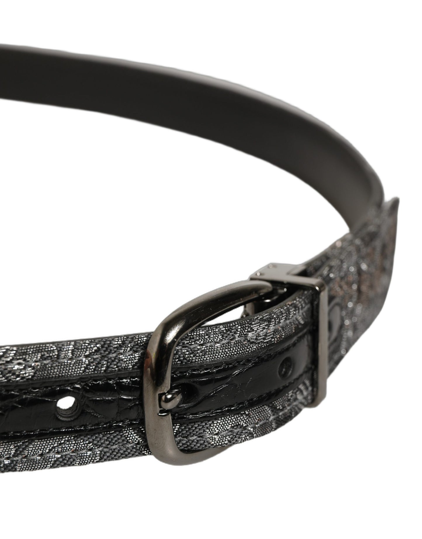 Silver Black Floral Jacquard Metal Buckle Belt
