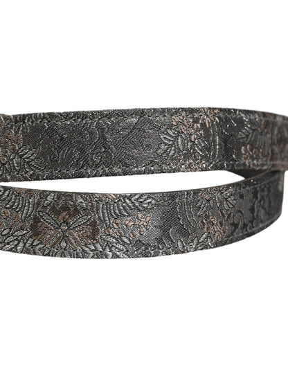 Silver Black Floral Jacquard Metal Buckle Belt