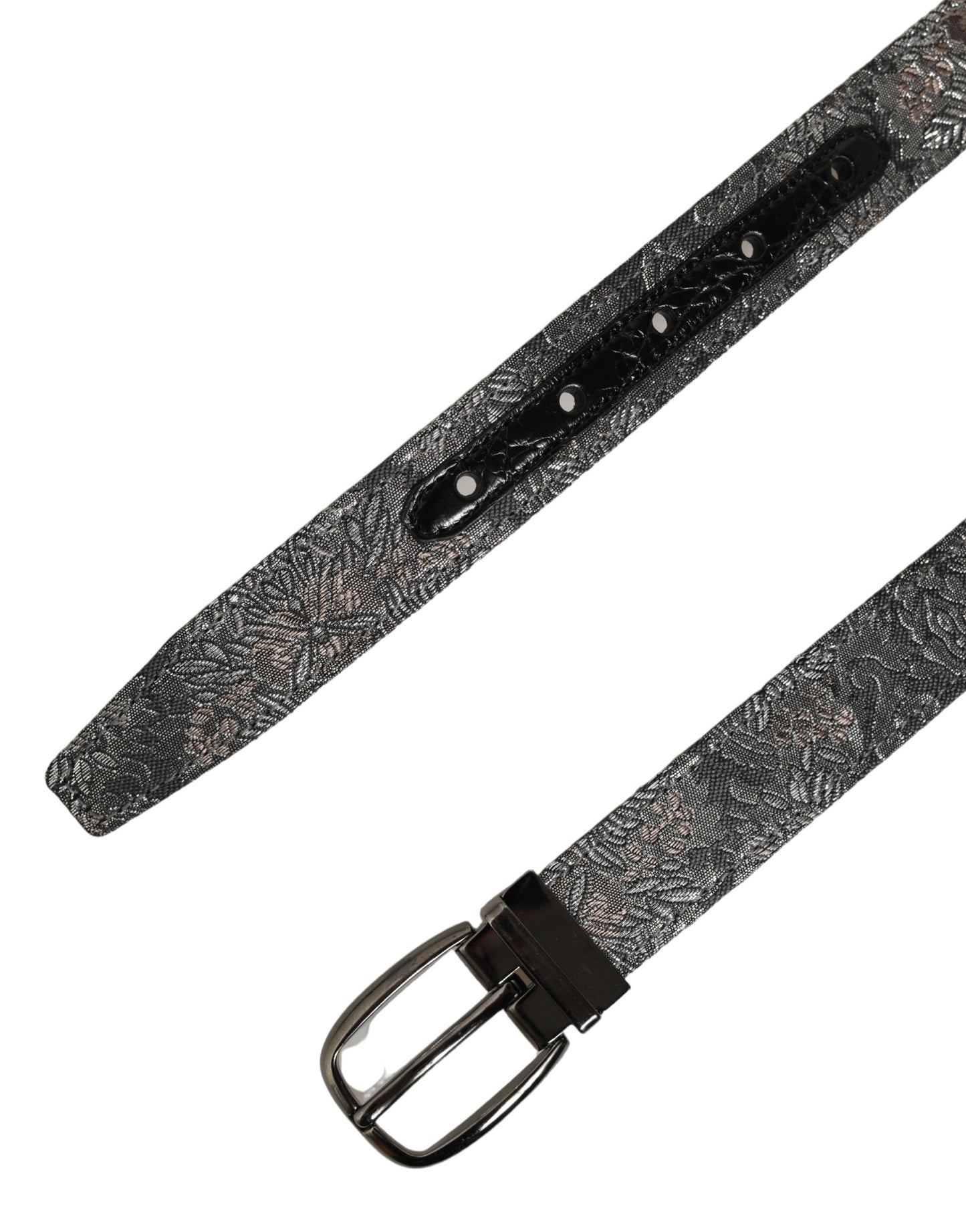 Silver Black Floral Jacquard Metal Buckle Belt