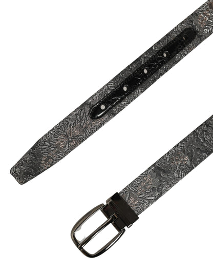 Silver Black Floral Jacquard Metal Buckle Belt