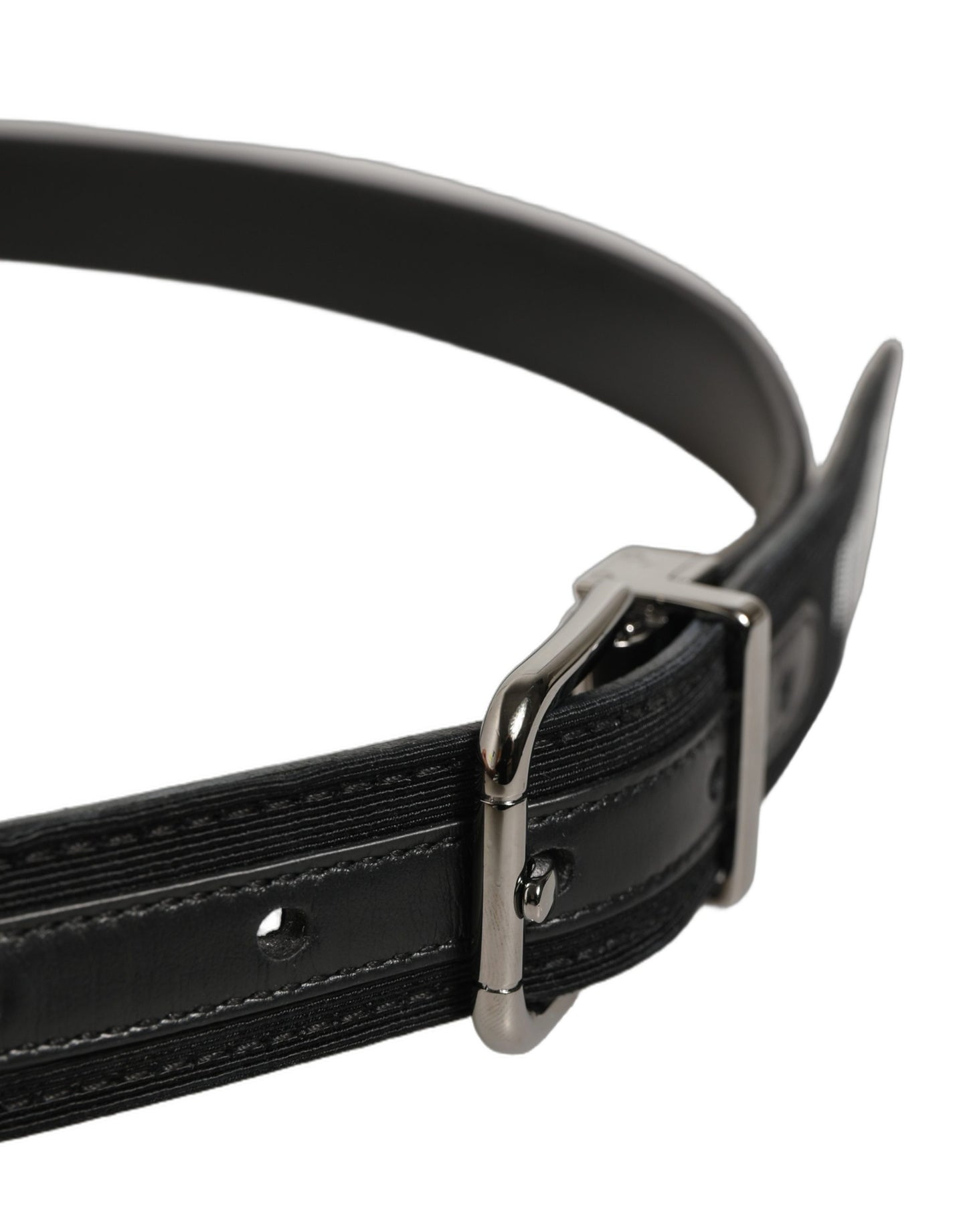 Black Fabric Leather Barcode Silver Buckle Belt