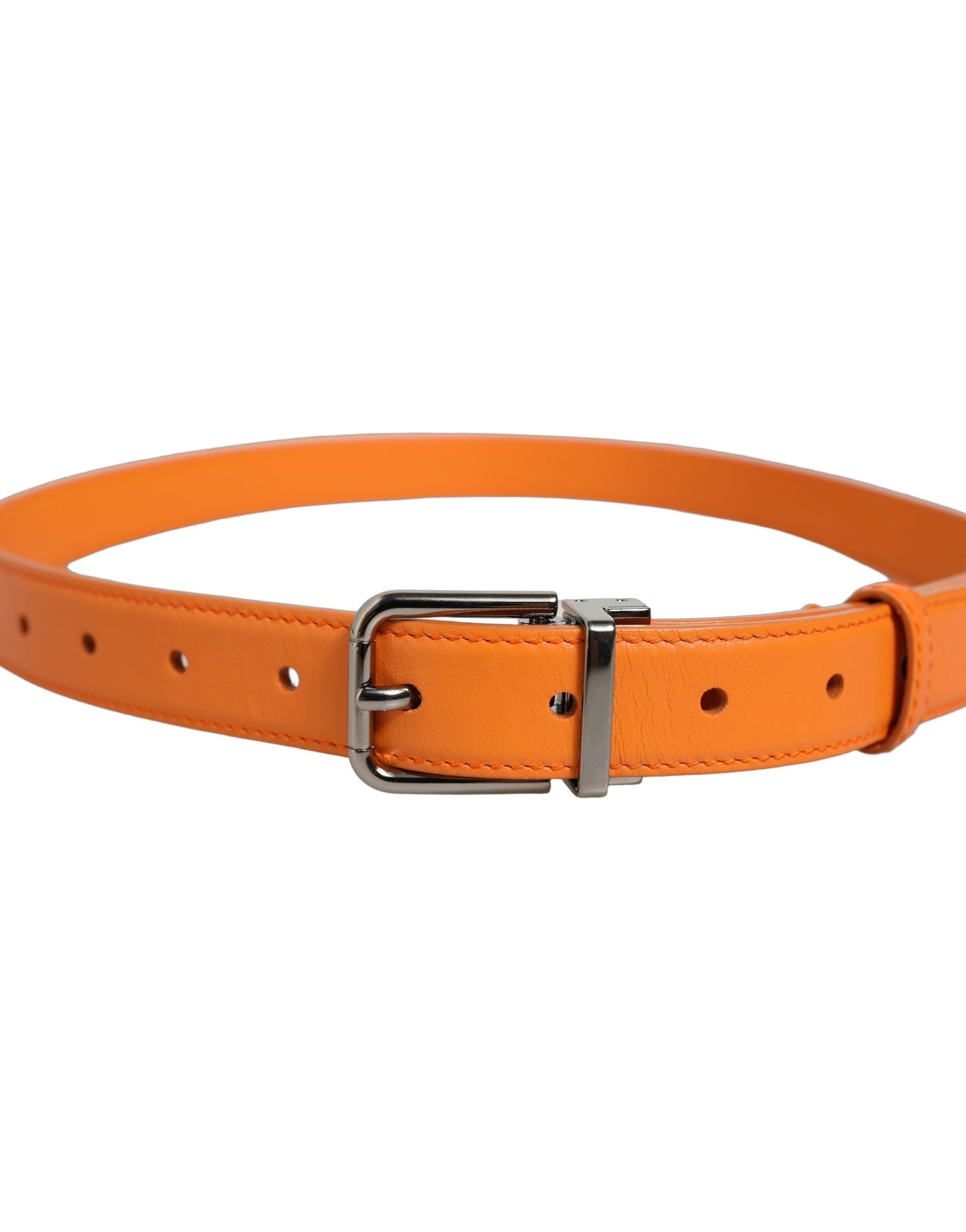 Orange Leather Silver Tone Metal Buckle Belt