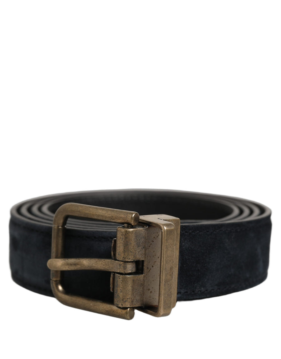 Men Black Leather Gold Tone Metal Buckle Belt
