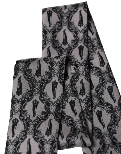 Gray Baroque Silk Fringed Skinny Foulard Scarf