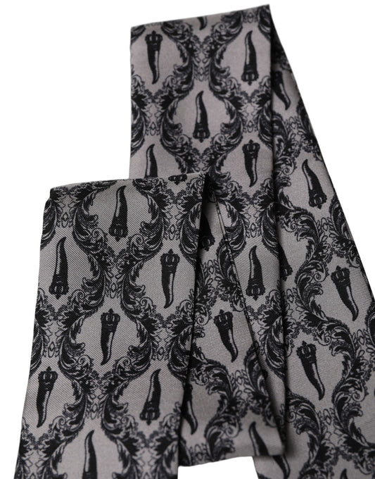 Gray Baroque Silk Fringed Skinny Foulard Scarf