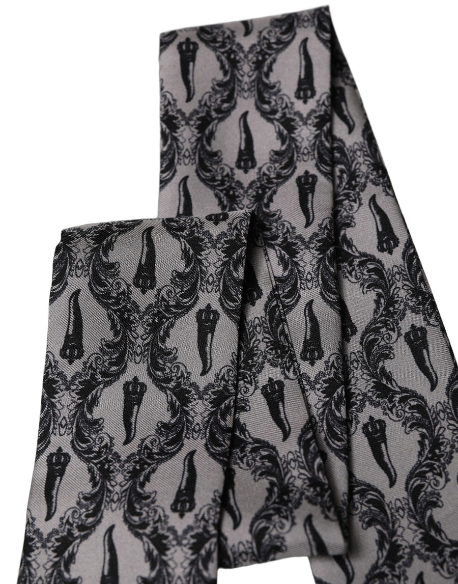Gray Baroque Silk Fringed Skinny Foulard Scarf