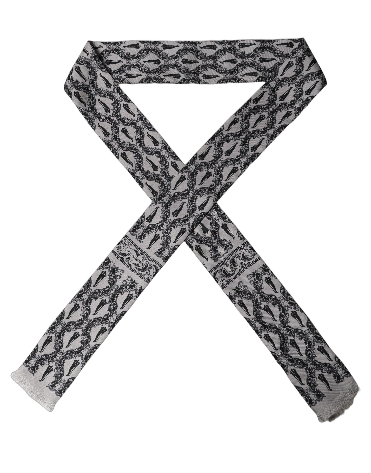 Gray Baroque Silk Fringed Skinny Foulard Scarf
