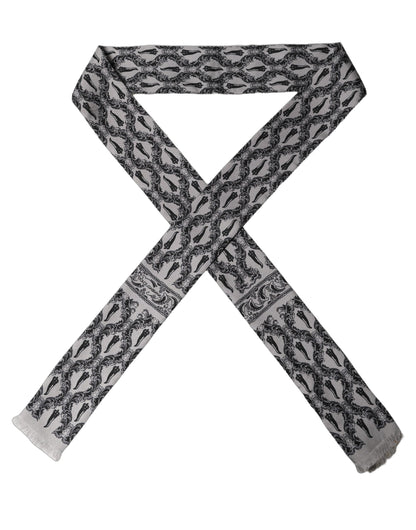 Gray Baroque Silk Fringed Skinny Foulard Scarf