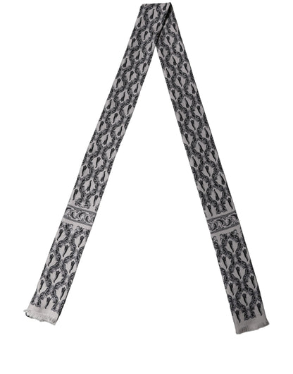 Gray Baroque Silk Fringed Skinny Foulard Scarf