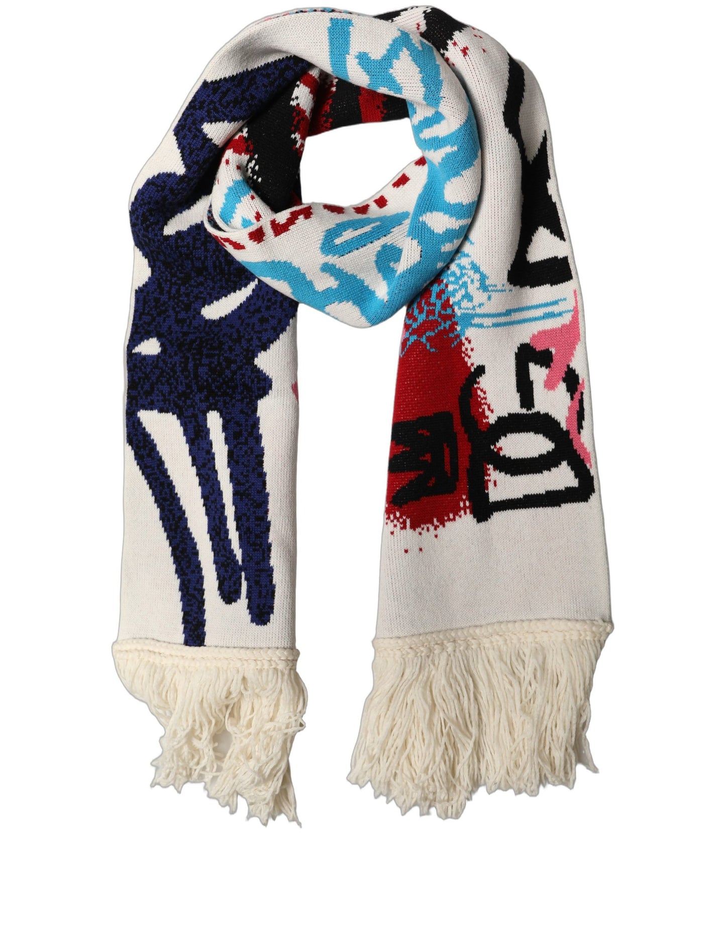 White Graphic Cashmere Fringed Shawl Scarf