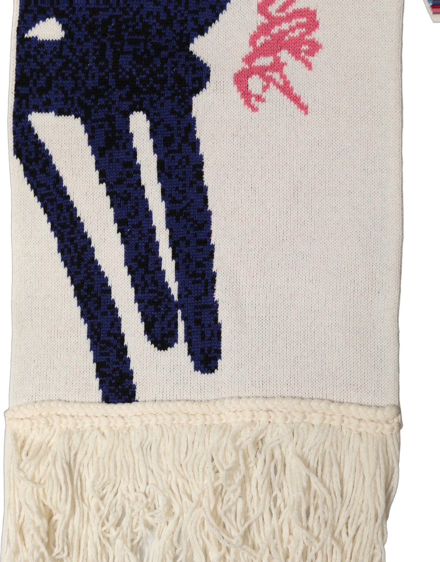 White Graphic Cashmere Fringed Shawl Scarf