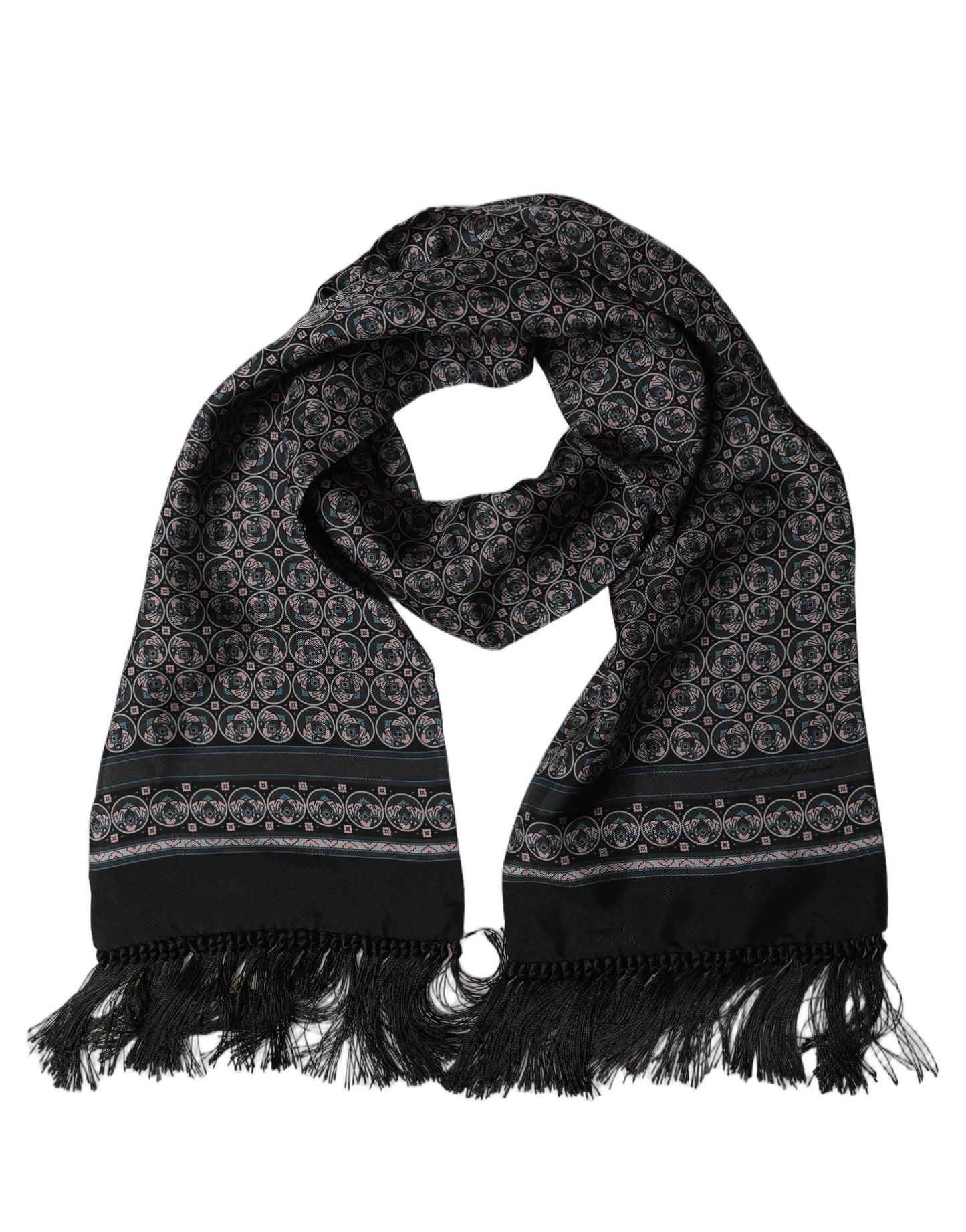 Black Silk Geometric Fringed Neck Shawl Scarf