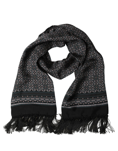 Black Silk Geometric Fringed Neck Shawl Scarf