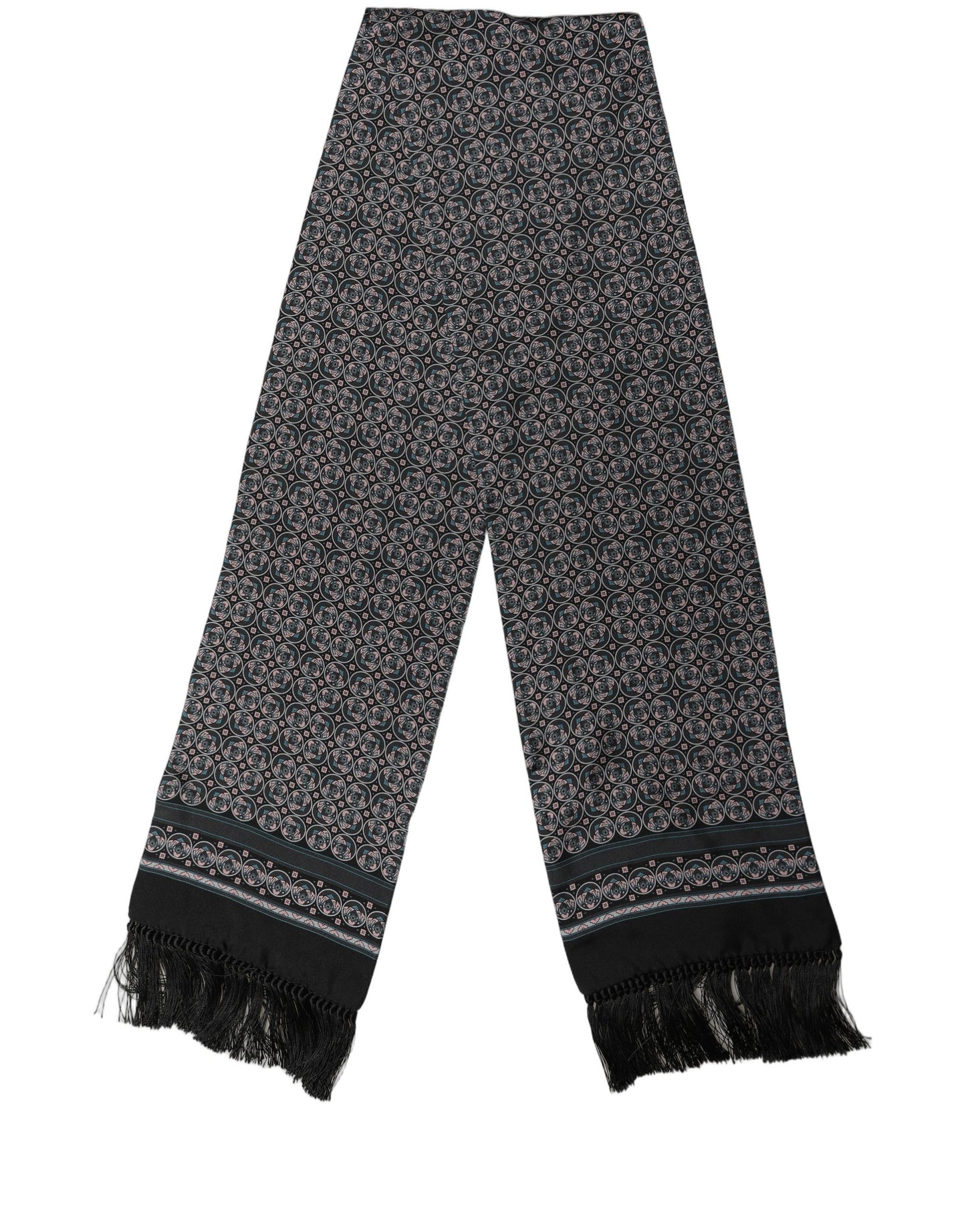Black Silk Geometric Fringed Neck Shawl Scarf