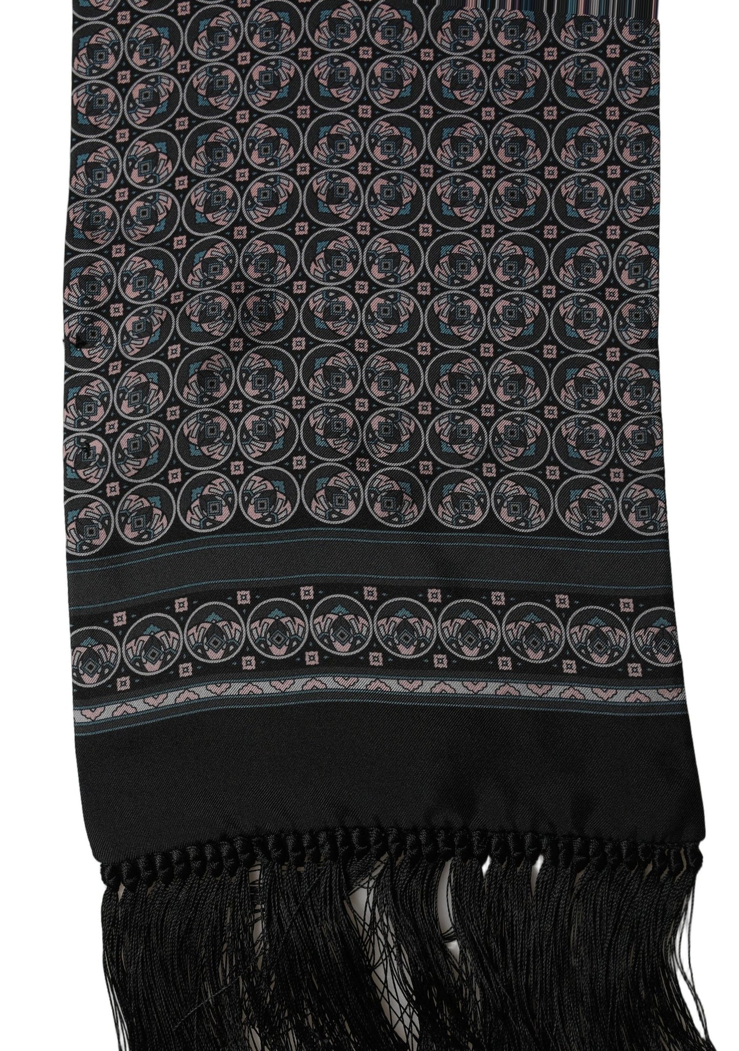 Black Silk Geometric Fringed Neck Shawl Scarf
