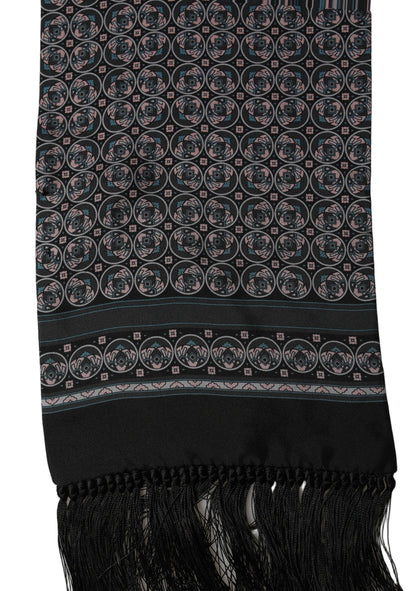 Black Silk Geometric Fringed Neck Shawl Scarf