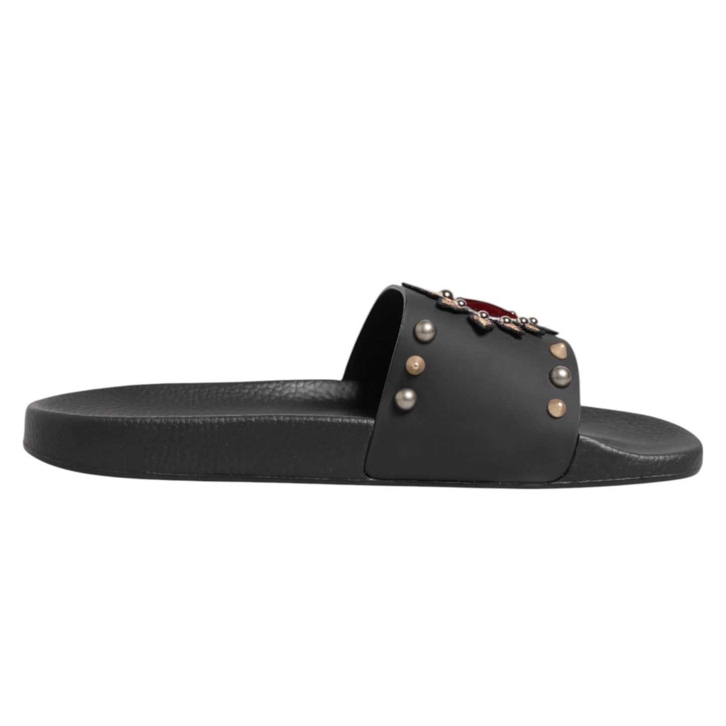 Black Heart Patch Rubber Calfskin Slippers Shoes