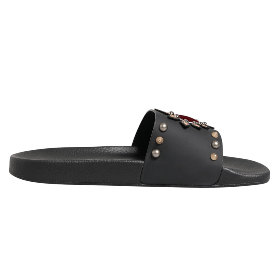 Black Heart Patch Rubber Calfskin Slippers Shoes