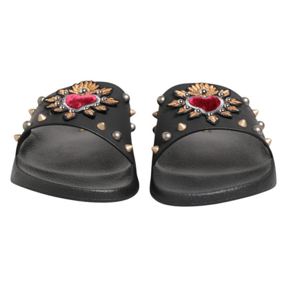 Black Heart Patch Rubber Calfskin Slippers Shoes