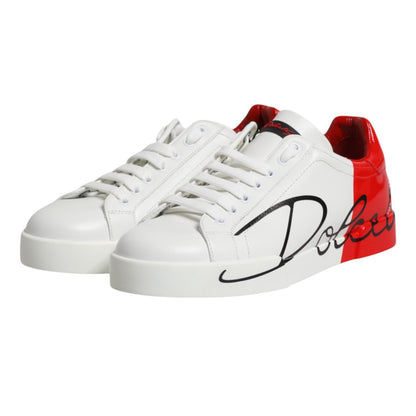 White Red Leather Logo Portofino Sneakers Shoes