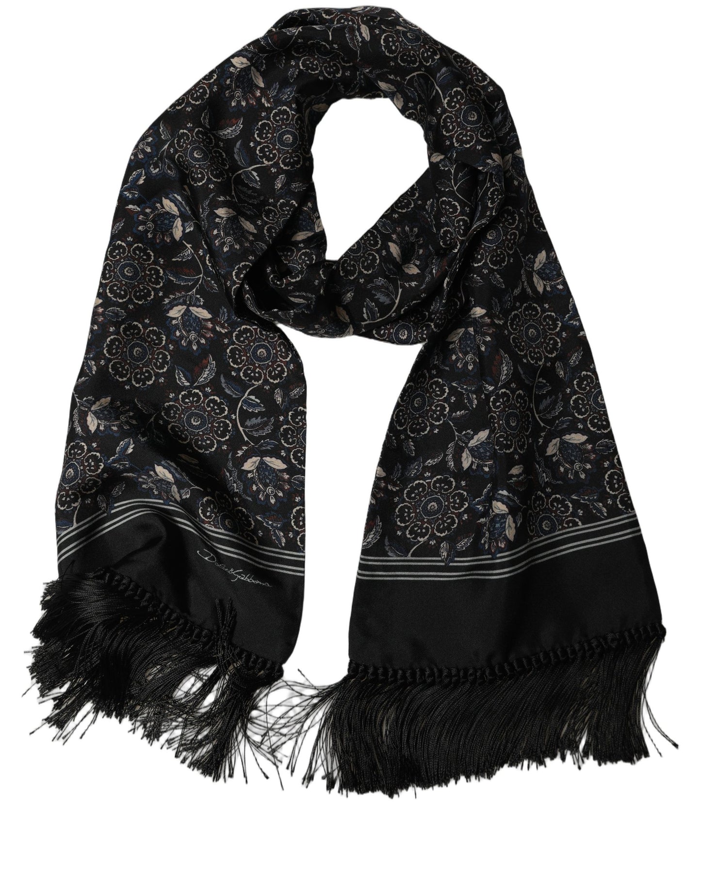 Black Silk Floral Paisley Fringed Shawl Scarf