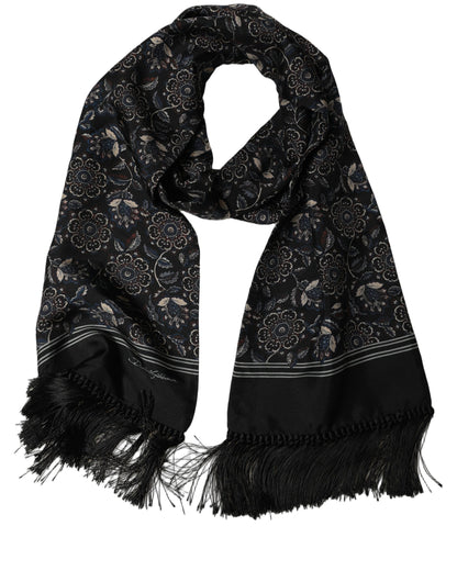 Black Silk Floral Paisley Fringed Shawl Scarf