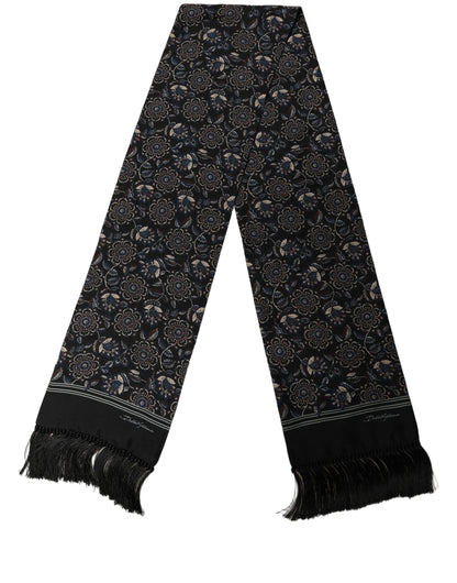 Black Silk Floral Paisley Fringed Shawl Scarf