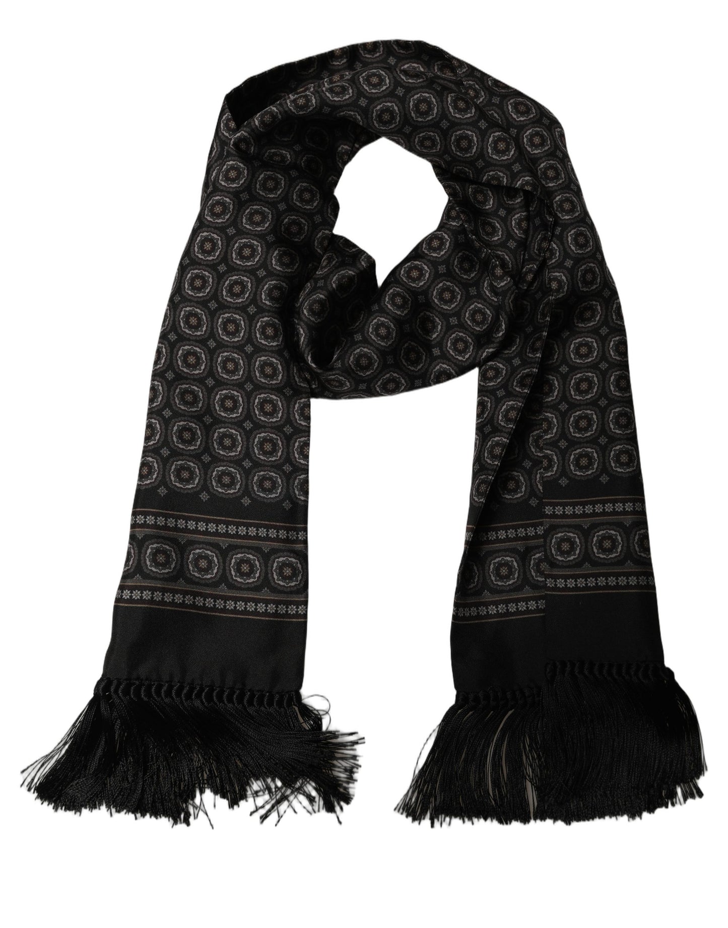 Black Silk Geometric Fringed Neck Shawl Scarf