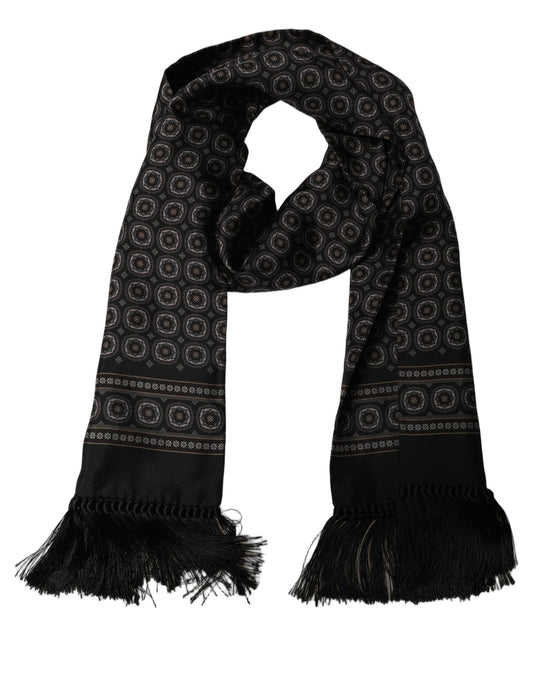 Black Silk Geometric Fringed Neck Shawl Scarf