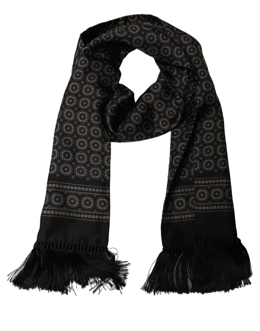 Black Silk Geometric Fringed Neck Shawl Scarf